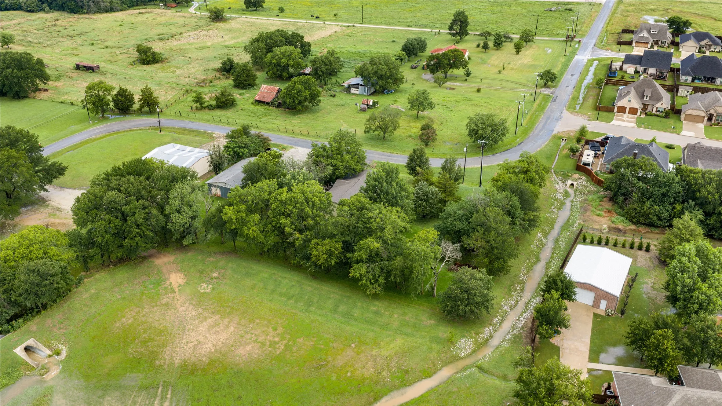 Expansive green space with scattered trees and a visible road system
