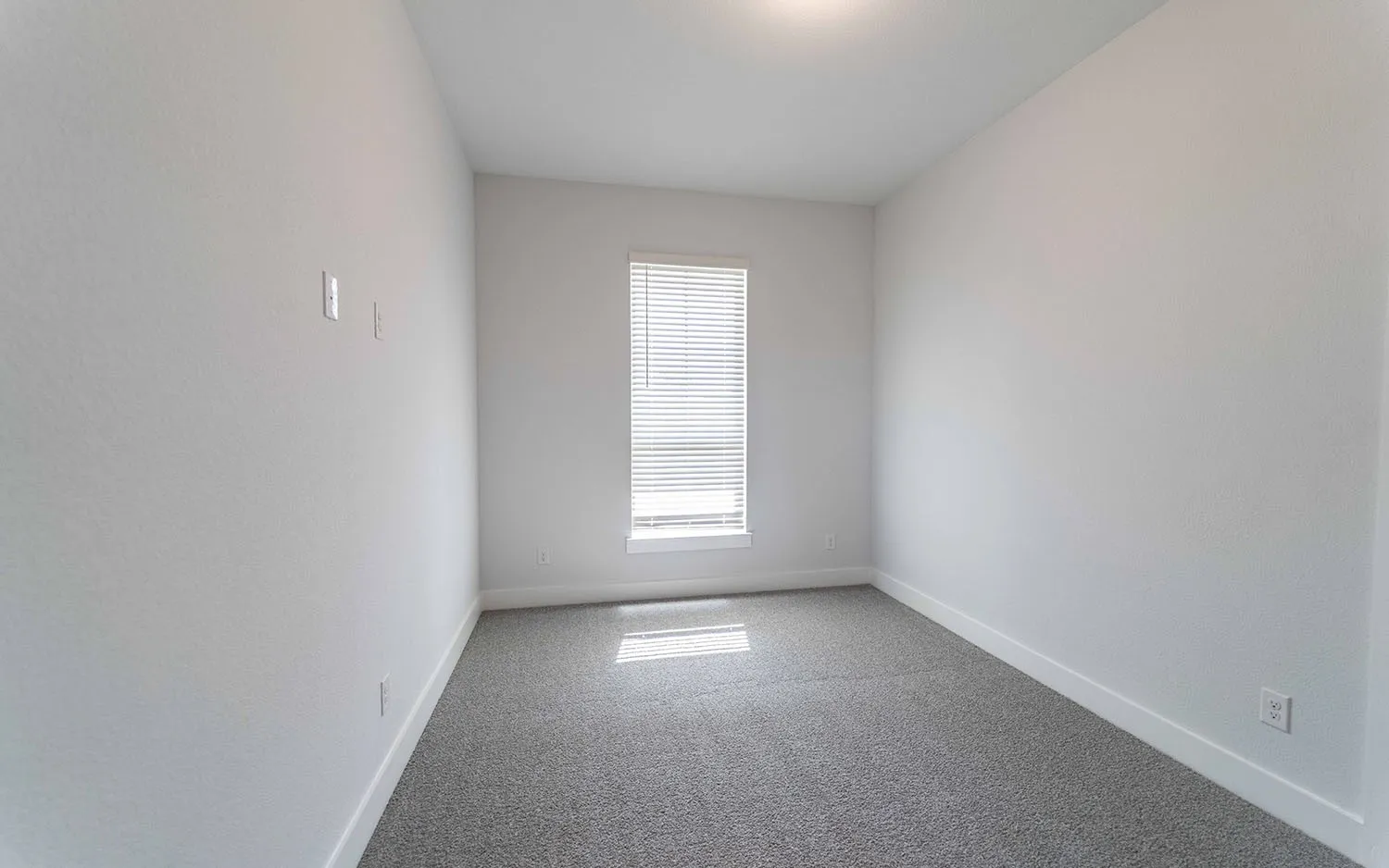 Room featuring light gray textured carpet, white baseboards, and a single window with horizontal blinds