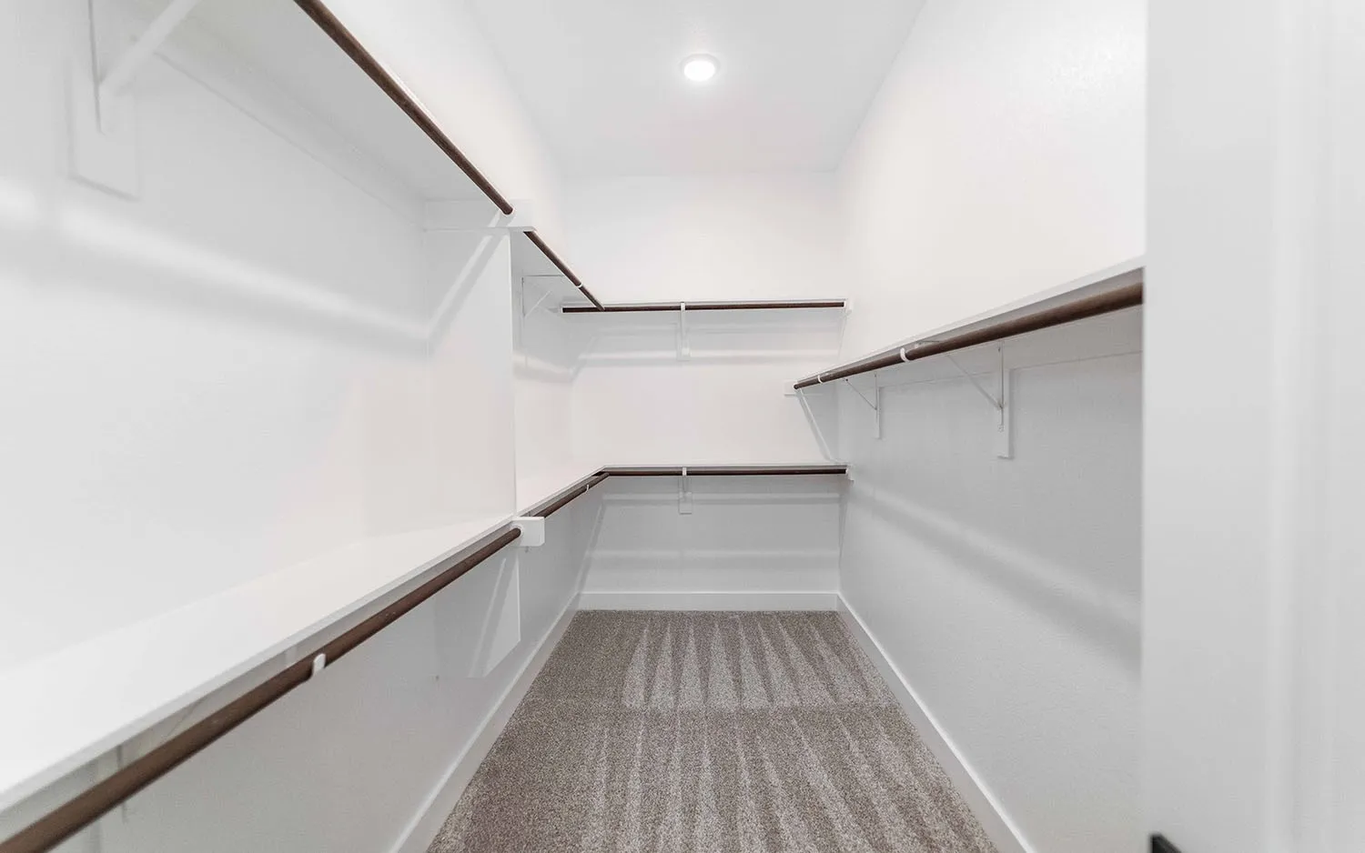 Walk-in closet featuring white painted walls and shelving, dark wood-finish hanging rods, recessed ceiling lighting, and grey patterned carpet flooring
