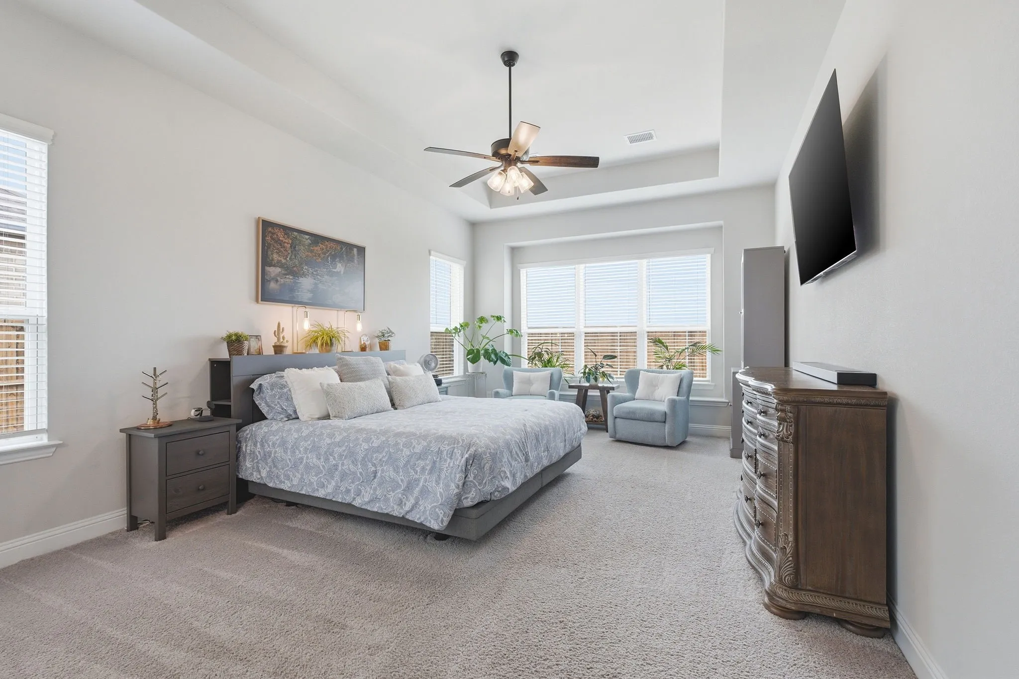 Carpeted room featuring a tray ceiling with a ceiling fan, multiple windows with blinds, and a built-in wall-mounted television