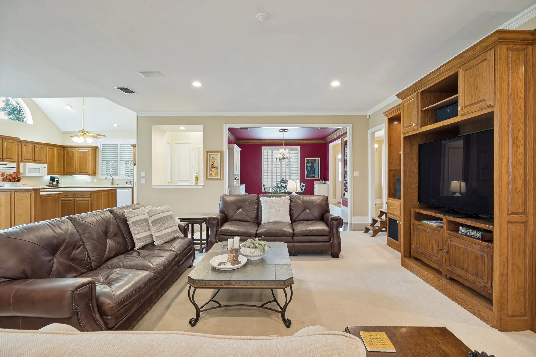 Living Room looking into Kitchen, Wet Bar, and Dining Room