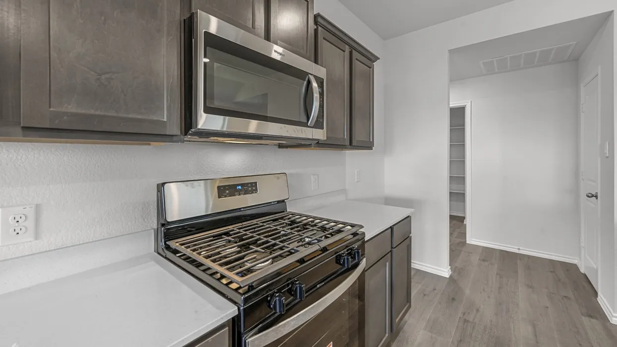 Kitchen featuring dark wood-finish cabinetry, stainless steel appliances, and light countertops