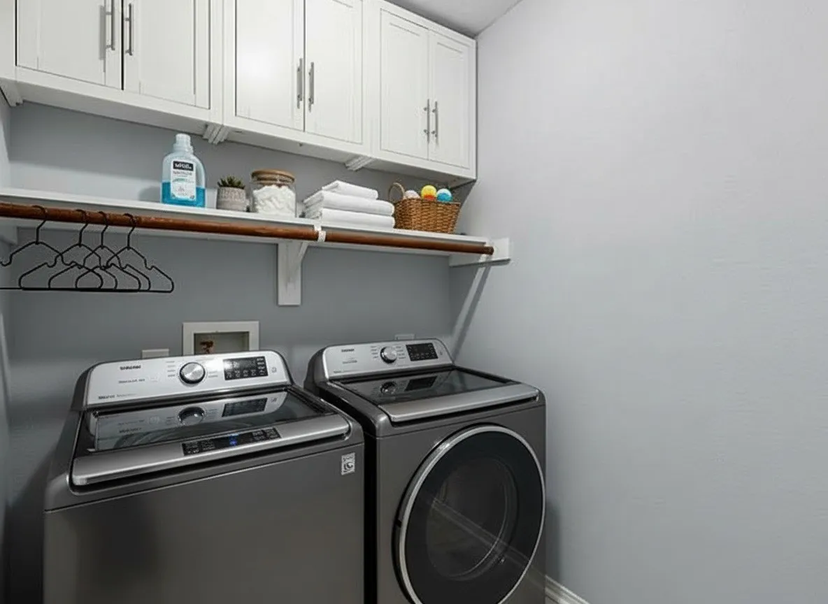 Virtually Staged Laundry Room w/ Storage Space