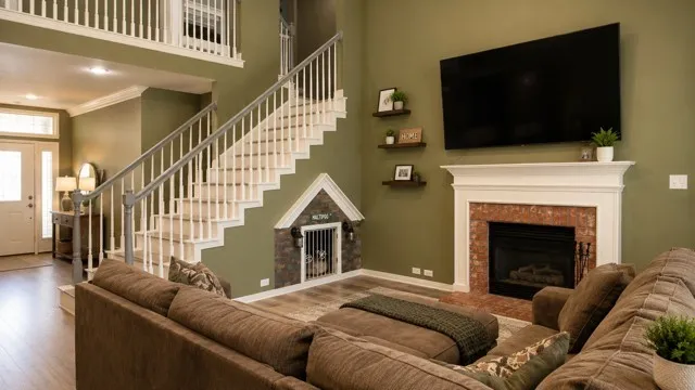 Open-concept living space featuring a two-story entryway, grand staircase with white balusters, and a fireplace with a brick surround and white mantel