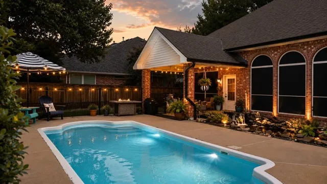 Backyard oasis featuring an in-ground swimming pool with integrated lighting