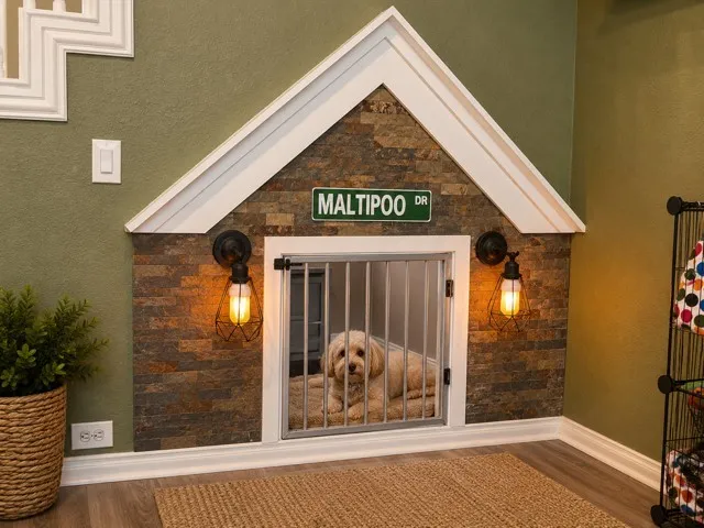 Custom-built pet nook featuring stacked stone veneer, white trim, and twin wall-mounted industrial-style sconces
