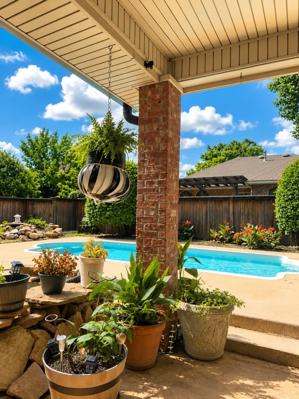 Outdoor living area featuring a concrete patio, brick column, and a clear blue swimming pool