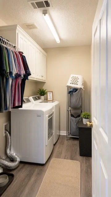 Functional laundry area featuring wood-finish flooring, overhead lighting, and upper white cabinetry