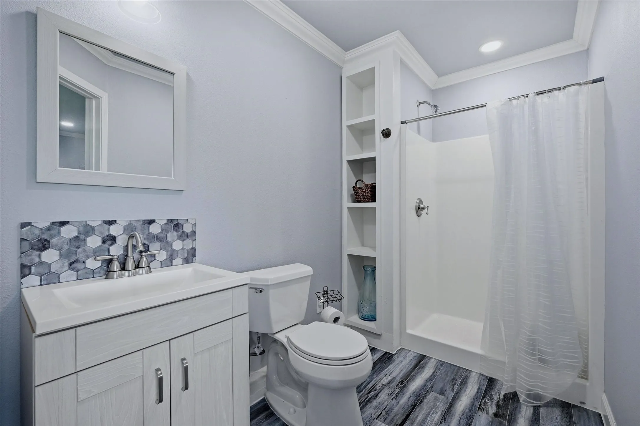 Bathroom with an over-sized walk-in shower.