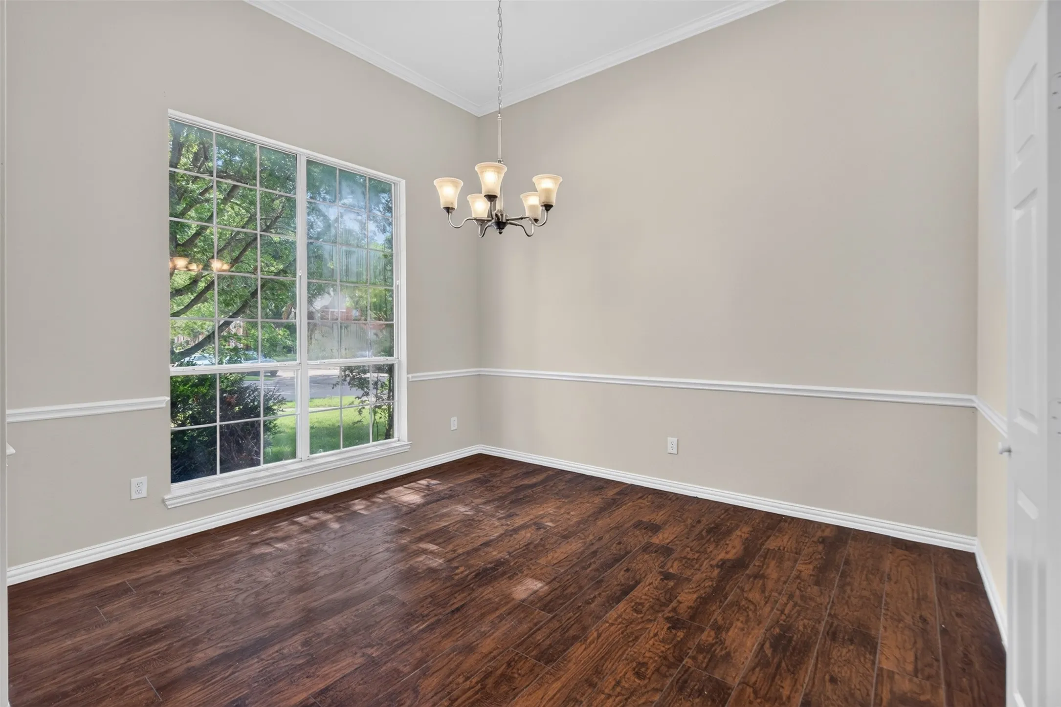 Spacious room featuring wood-finish flooring, a large window with grid panes, crown molding, chair rail molding, and a five-light chandelier