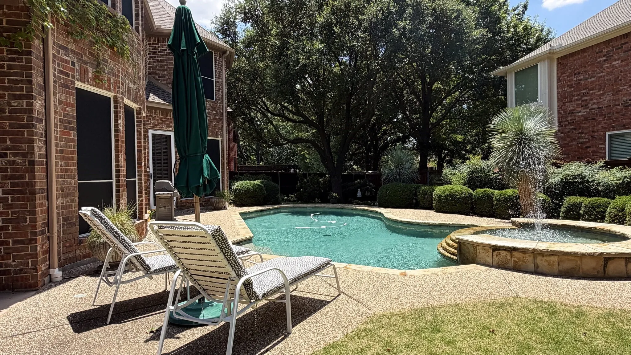 Beautifully landscaped backyard. Large yard with pool and mature landscape.