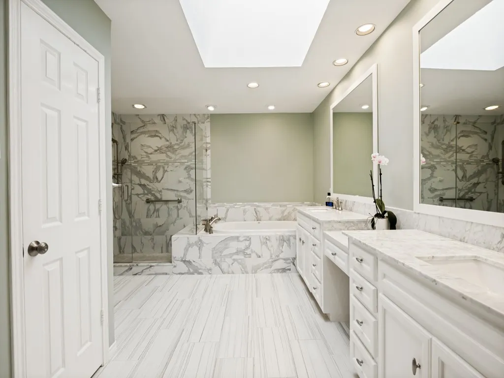 Spacious bathroom featuring a large skylight, recessed lighting, and dual vanity sinks with extensive countertop space