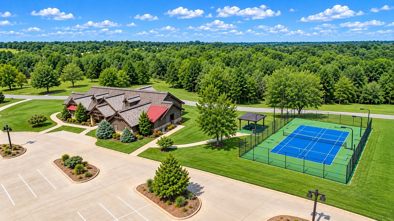 Expansive grounds featuring a recreational building, a tennis court with a perimeter fence, a covered gazebo, and a paved parking area