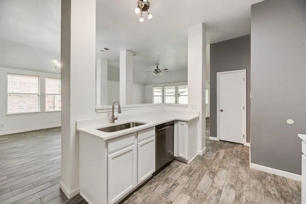 Kitchen area featuring white cabinetry, a stainless steel sink with a high-arc faucet, and a built-in dishwasher
