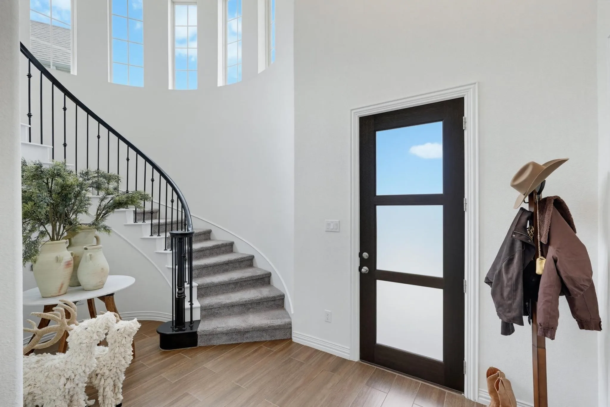 Grand entryway featuring a curved staircase with wrought iron balusters and carpeted treads, wood-finish flooring, a modern door with three frosted glass panels, and upper-level arched windows