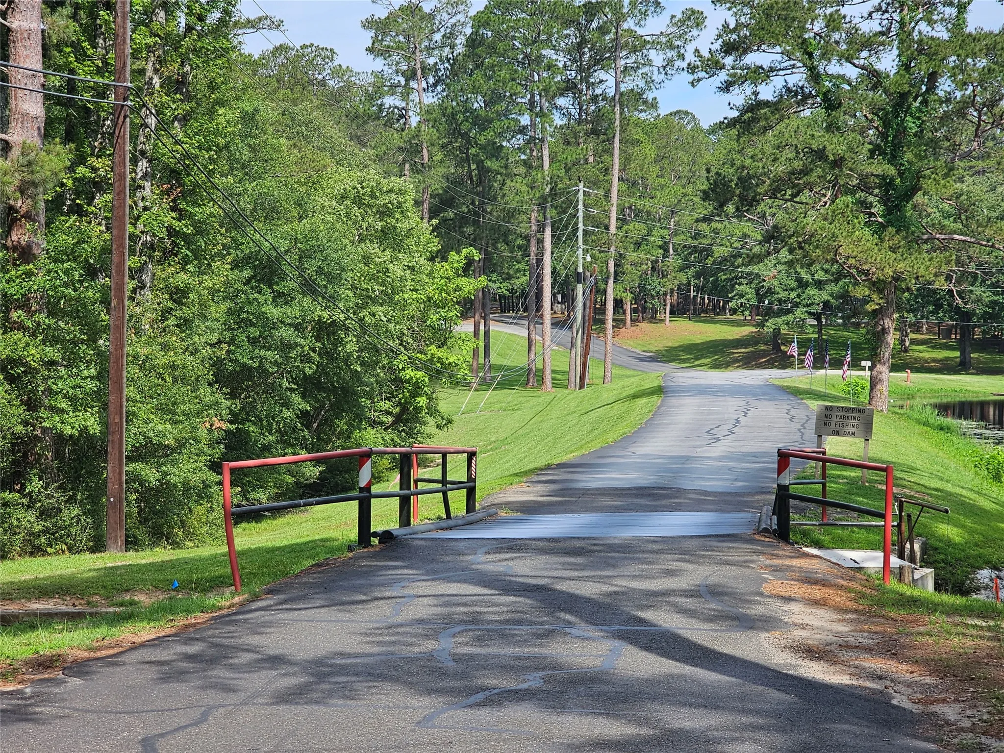 Asphalt roadway crossing a bridge with red and black railings, surrounded by mature trees and verdant lawns