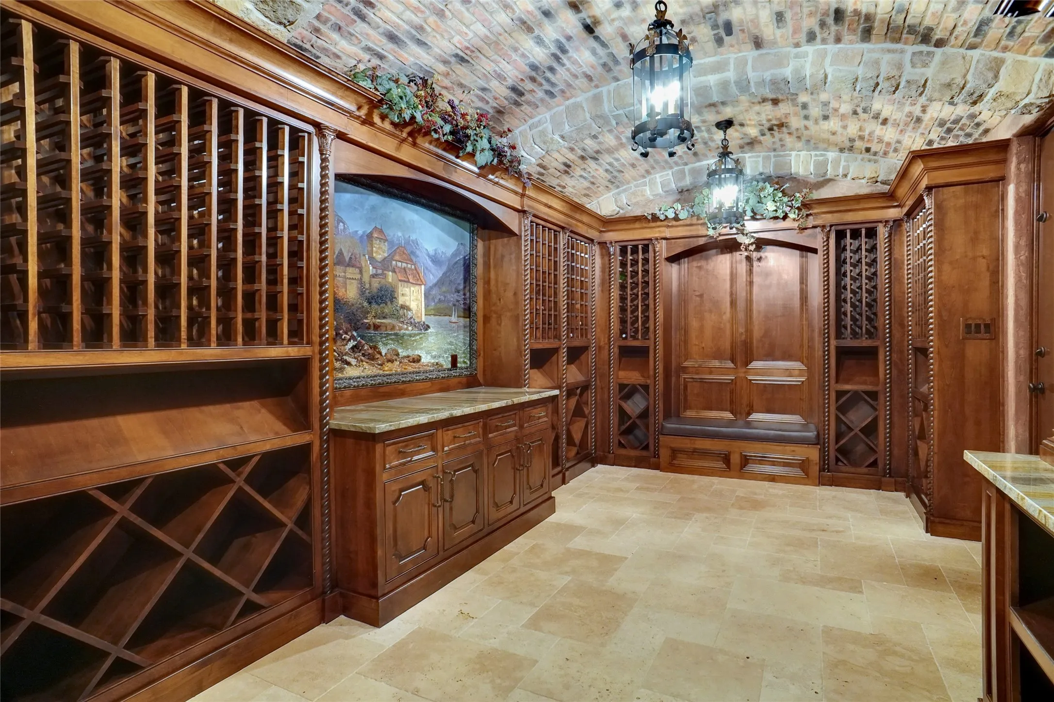 Custom wine cellar featuring extensive wood-finish storage, a brick-vaulted ceiling, and tile flooring, temperature controlled and ready for your wine inventory!