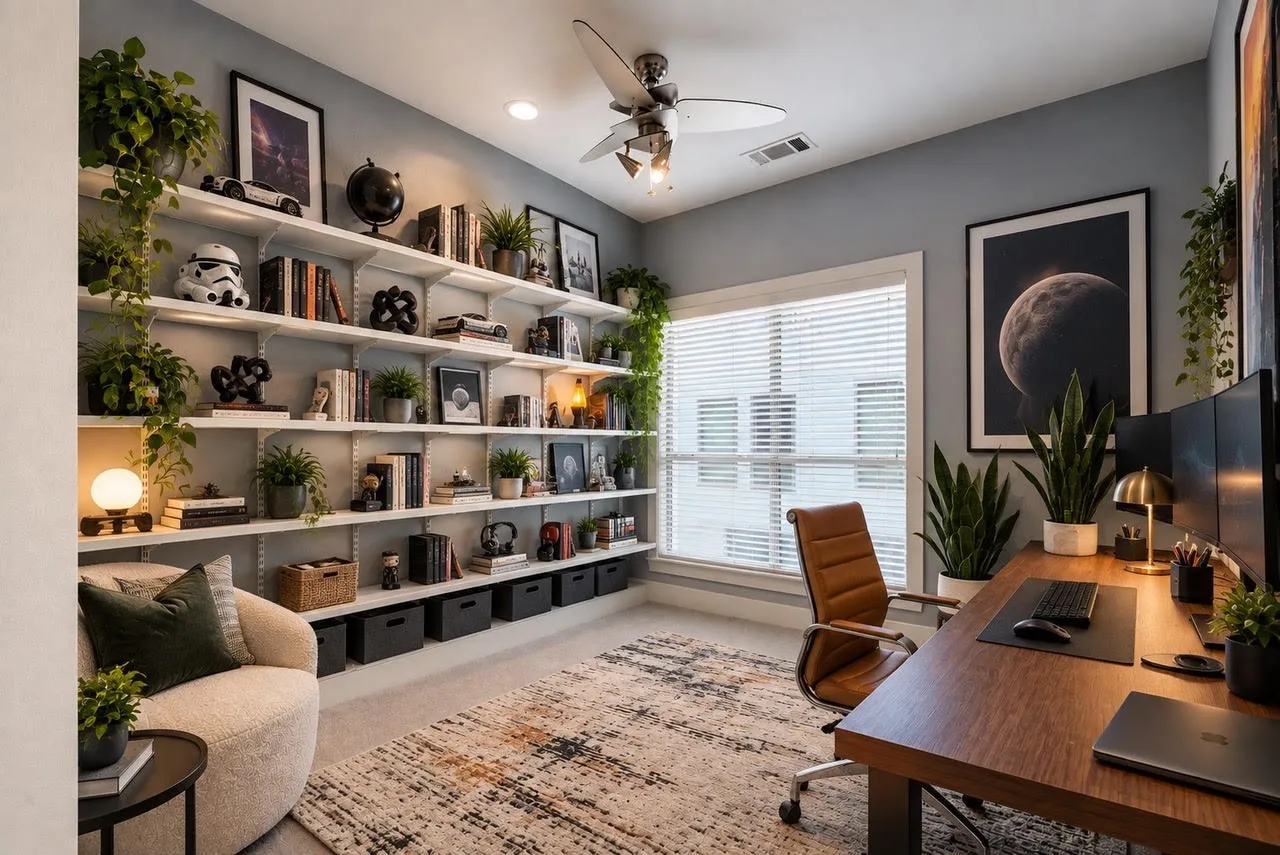 Built-in shelving system, recessed lighting, ceiling fan, wood-finish desktop, and large window with blinds
