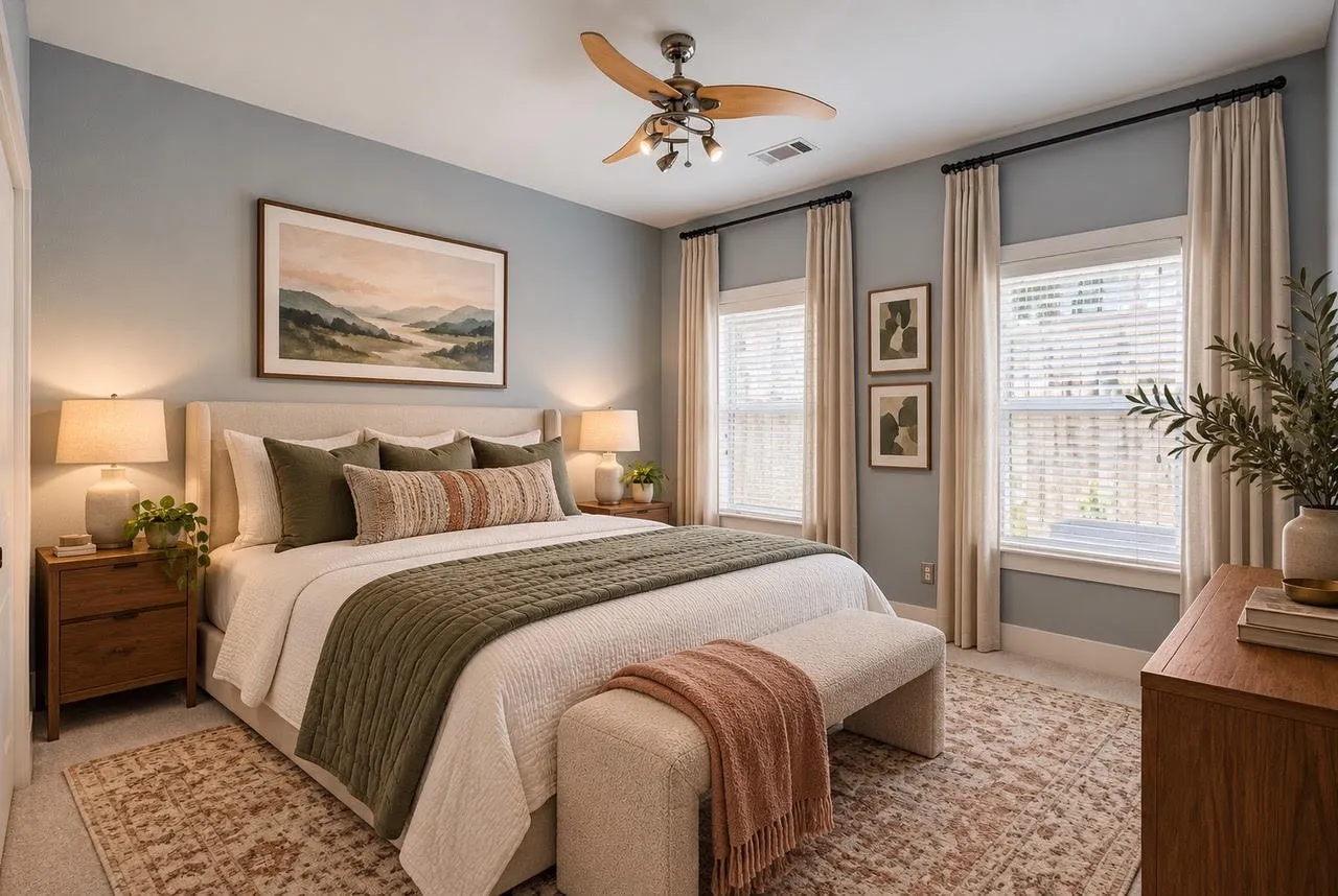 Recessed lighting, ceiling fan with light fixture, two windows with blinds, and light gray wall paint