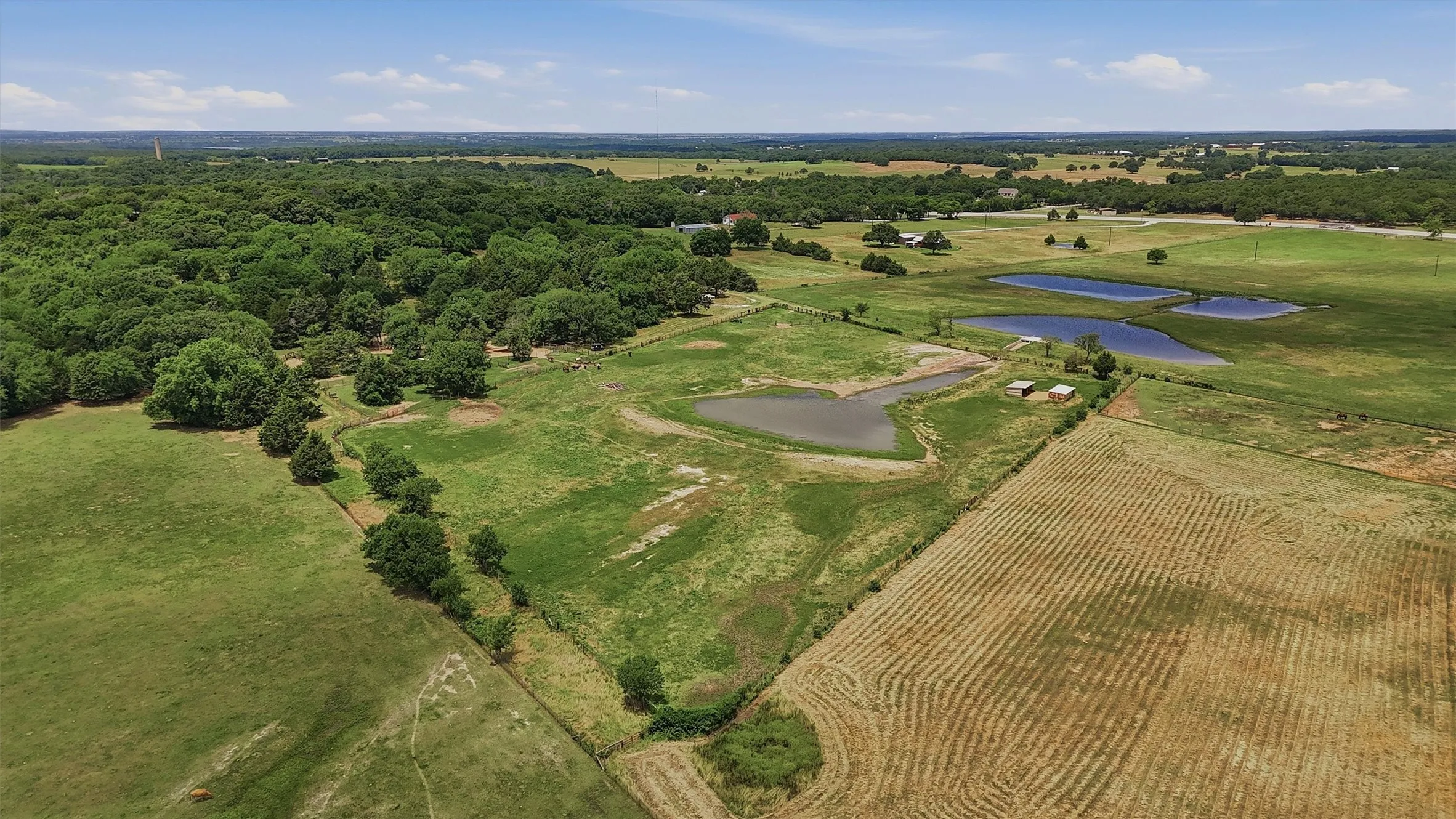 Expansive agricultural landscape featuring multiple ponds, cultivated fields, and areas of mature trees under a clear sky