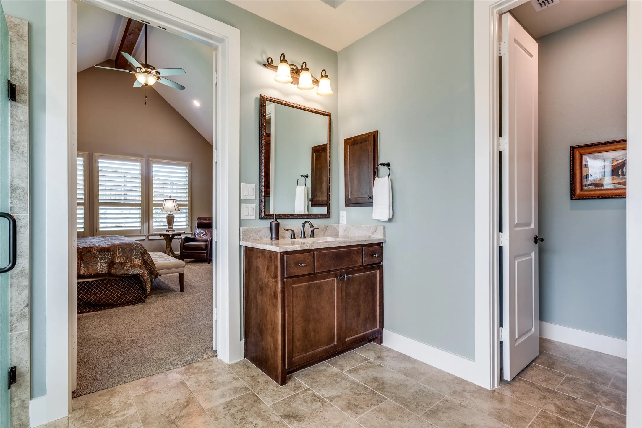 Separate vanities with personal built in medicine cabinets