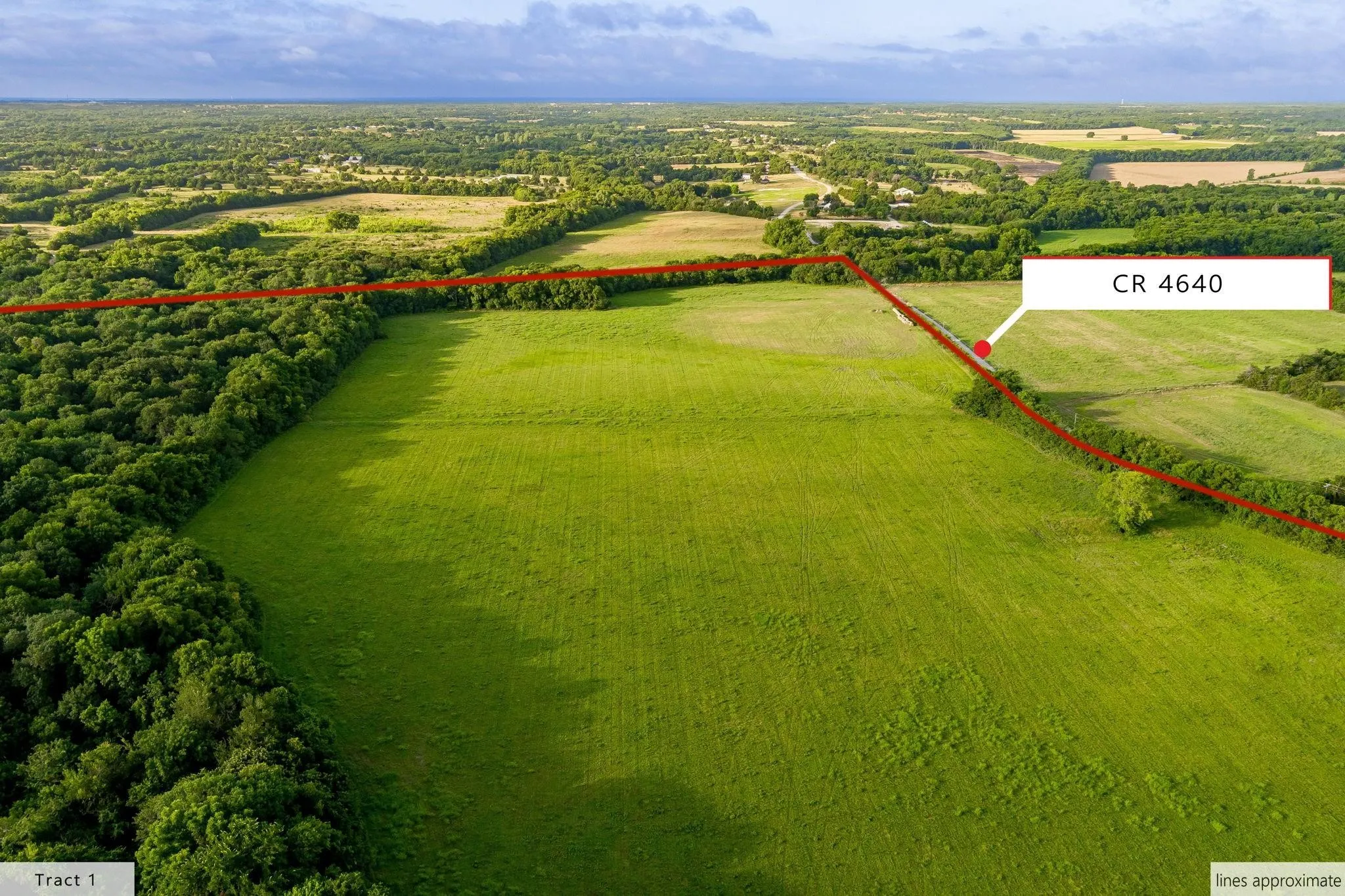 Expansive agricultural land featuring a verdant field and established tree lines
