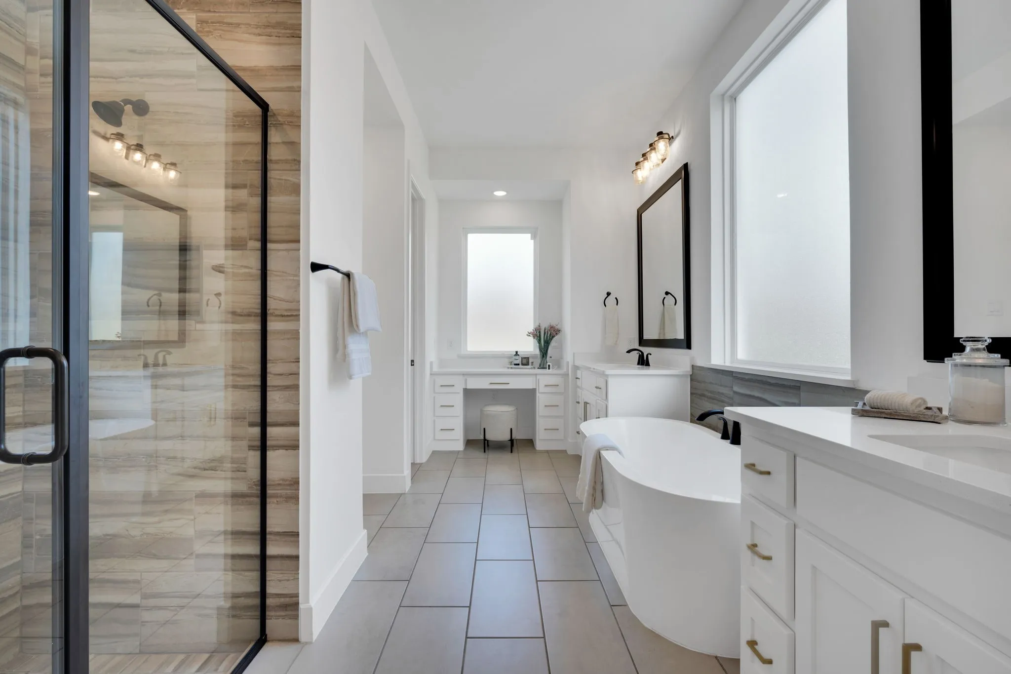Oversized shower with rain head, plus bonus vanity!