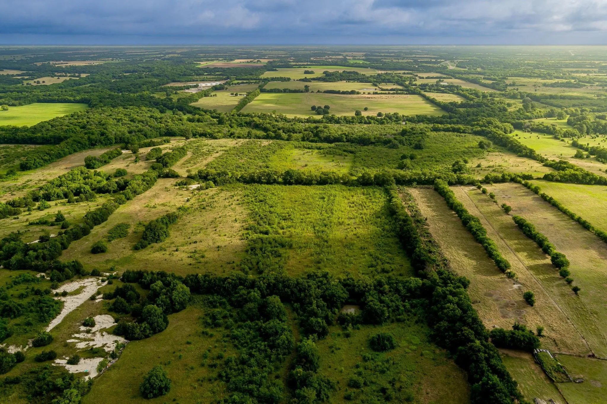Expansive land featuring a diverse landscape of fields, natural growth, and scattered trees