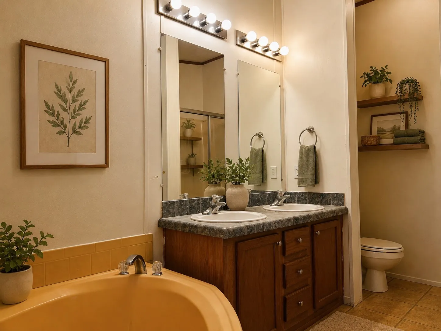 Double vanity with integrated sinks, wood-finish cabinetry, and a dark stone-finish countertop
