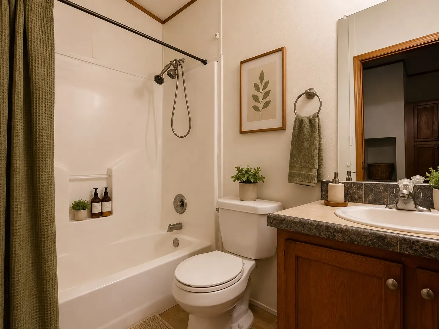 Full bathroom featuring a white tub/shower combination with a dual shower head, a wood-finish vanity with an integrated sink, a tiled backsplash, and an overhead mirror