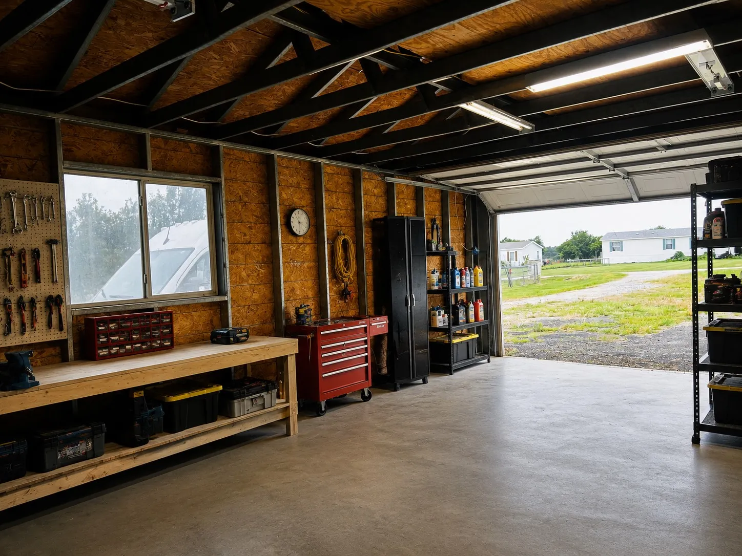 Utility garage with exposed wood framing, concrete flooring, and overhead fluorescent lighting