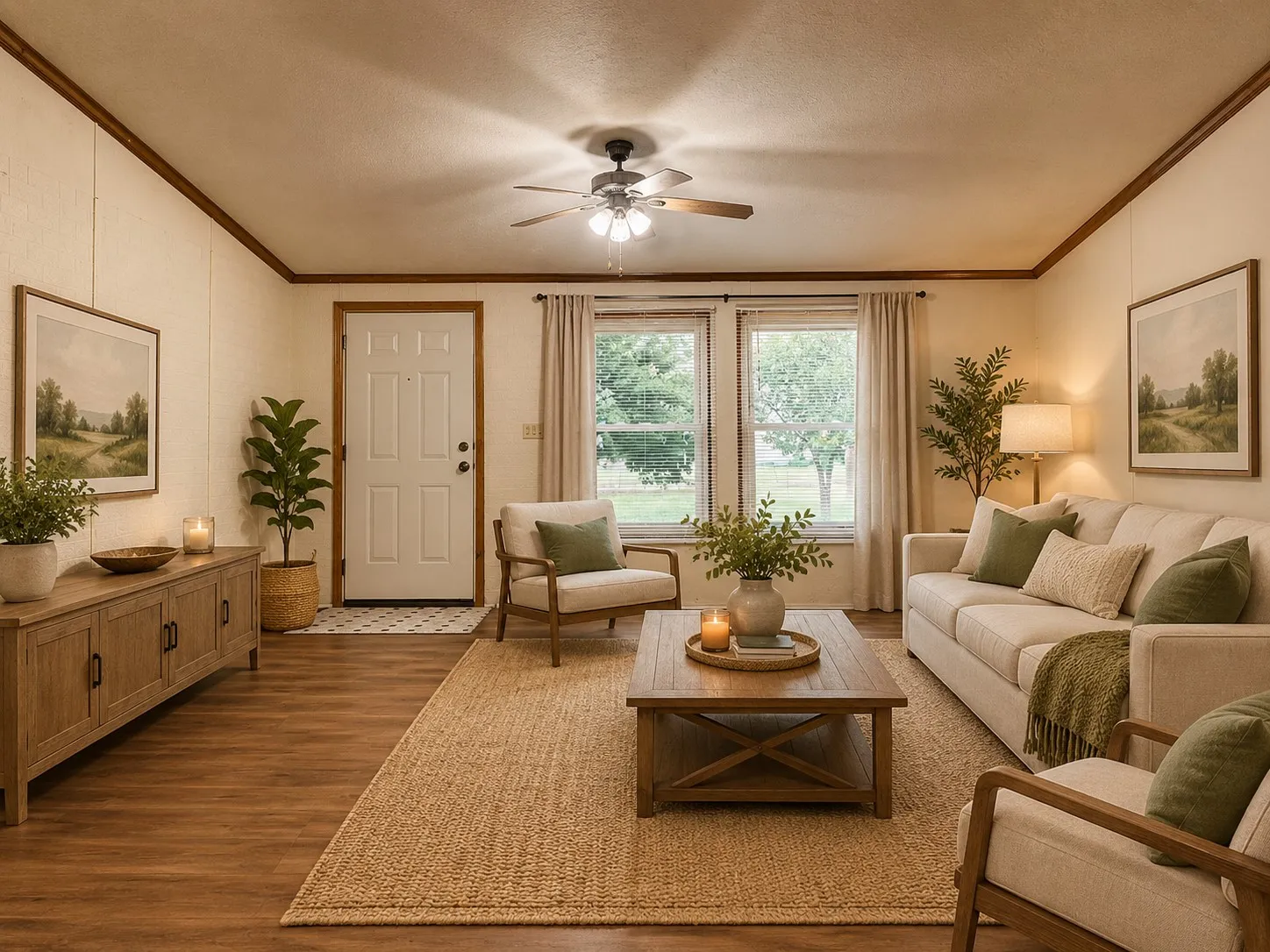 Wood-finish flooring throughout, complemented by a ceiling fan with integrated lighting