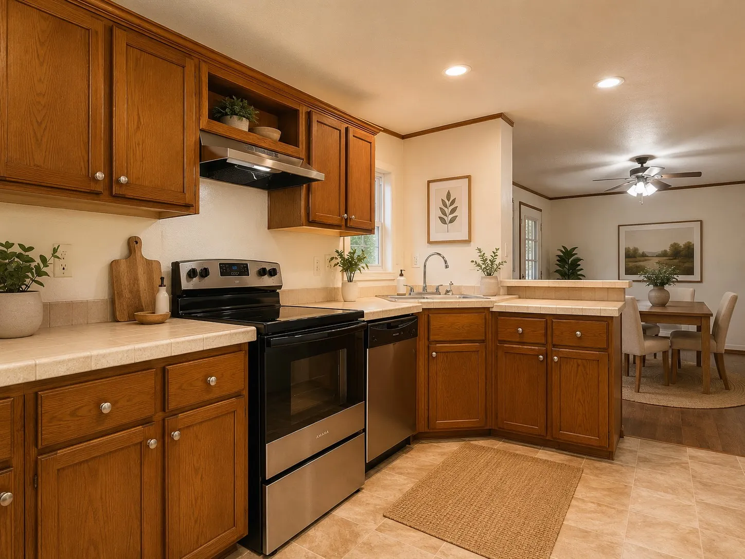Kitchen featuring wood cabinetry, stainless steel appliances, tiled flooring, and a double basin sink