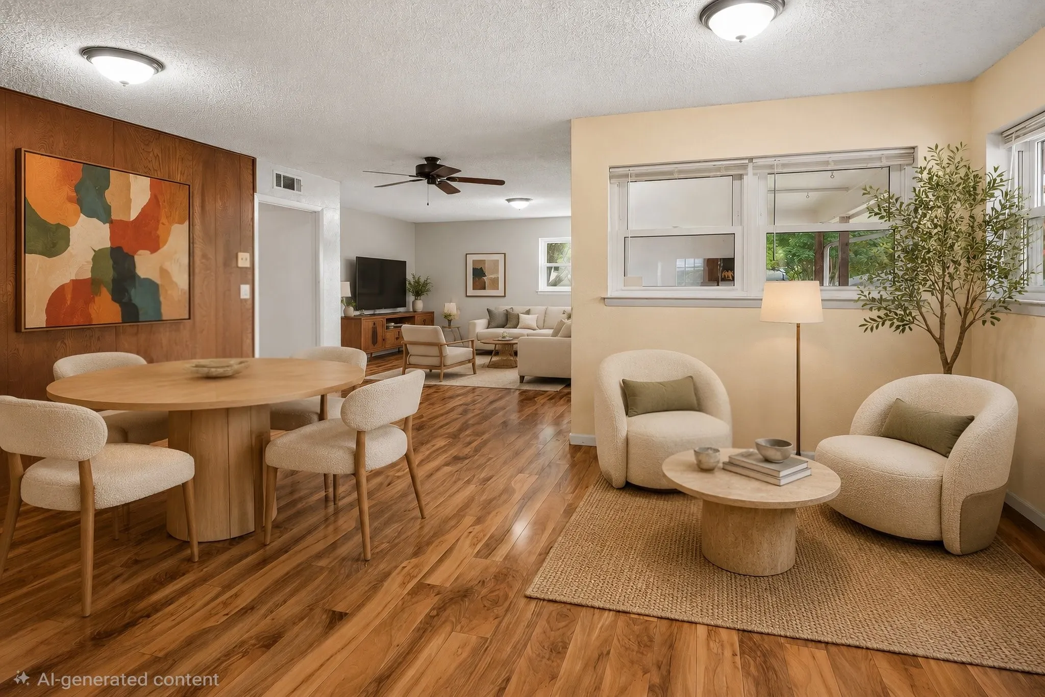 Open concept living area, dining area and reading nook. Virtually staged.