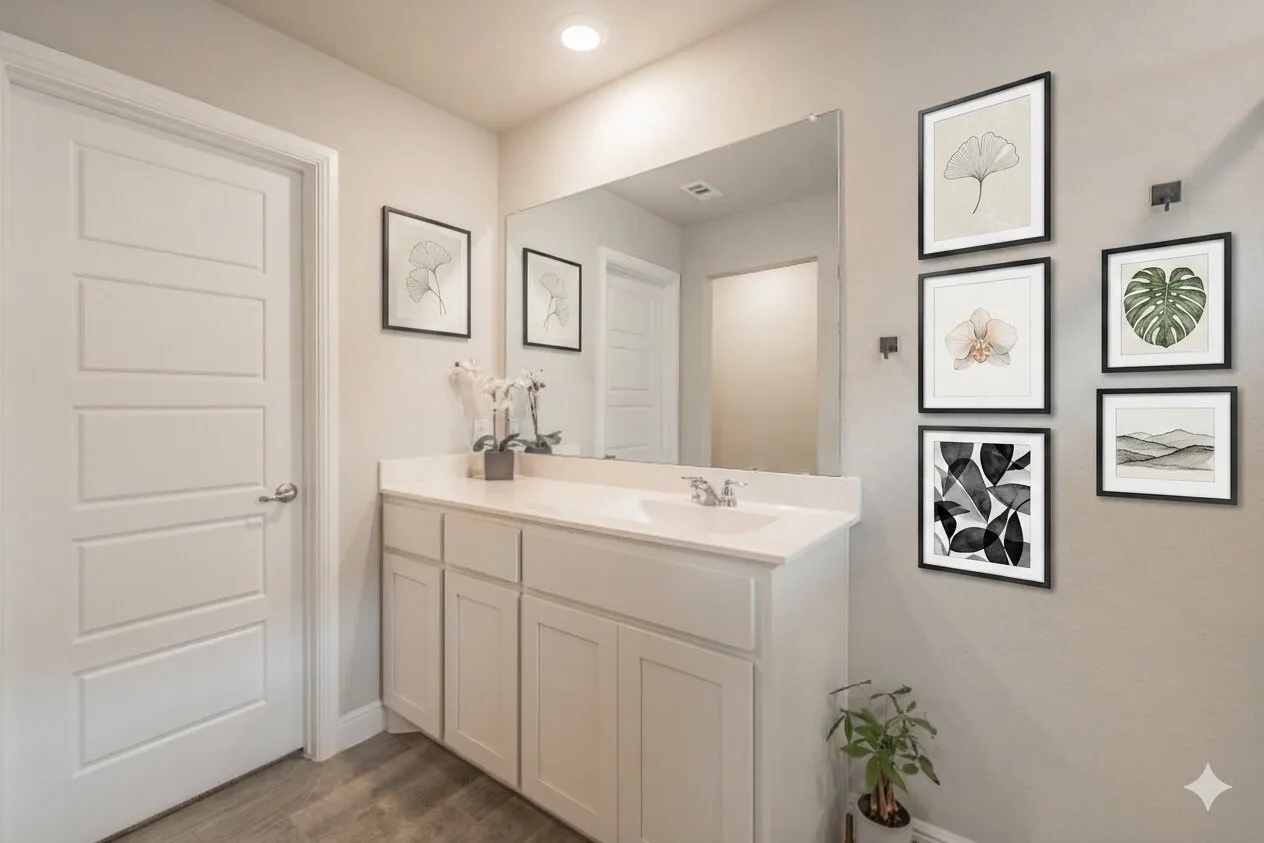 Primary bathroom vanity featuring door to walk in closet