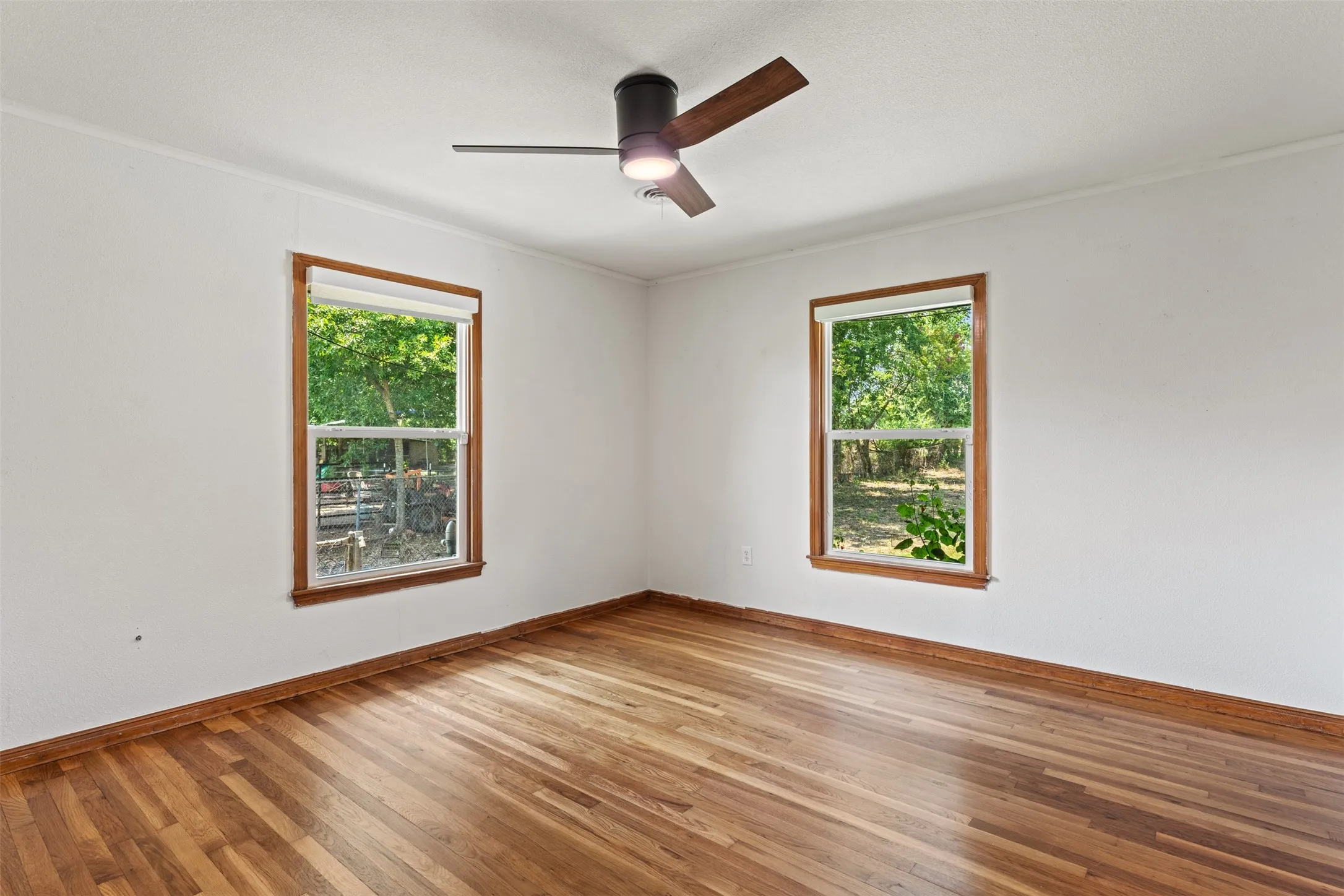 Bright room featuring wood-finish flooring, two windows with wood trim, a ceiling fan with integrated lighting, and white walls