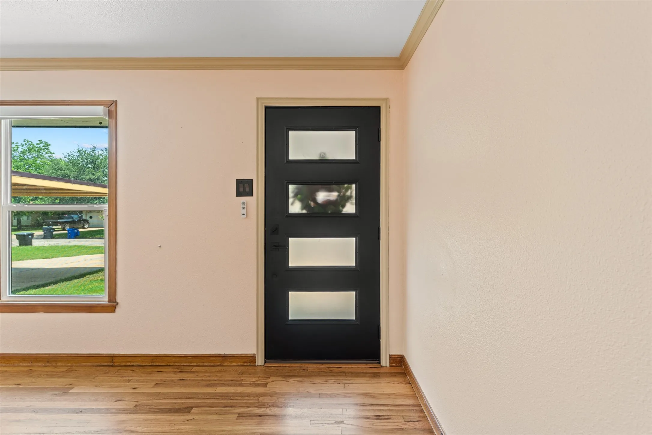 Modern black entry door with frosted glass panels, wood-finish flooring, and a large window with wood trim