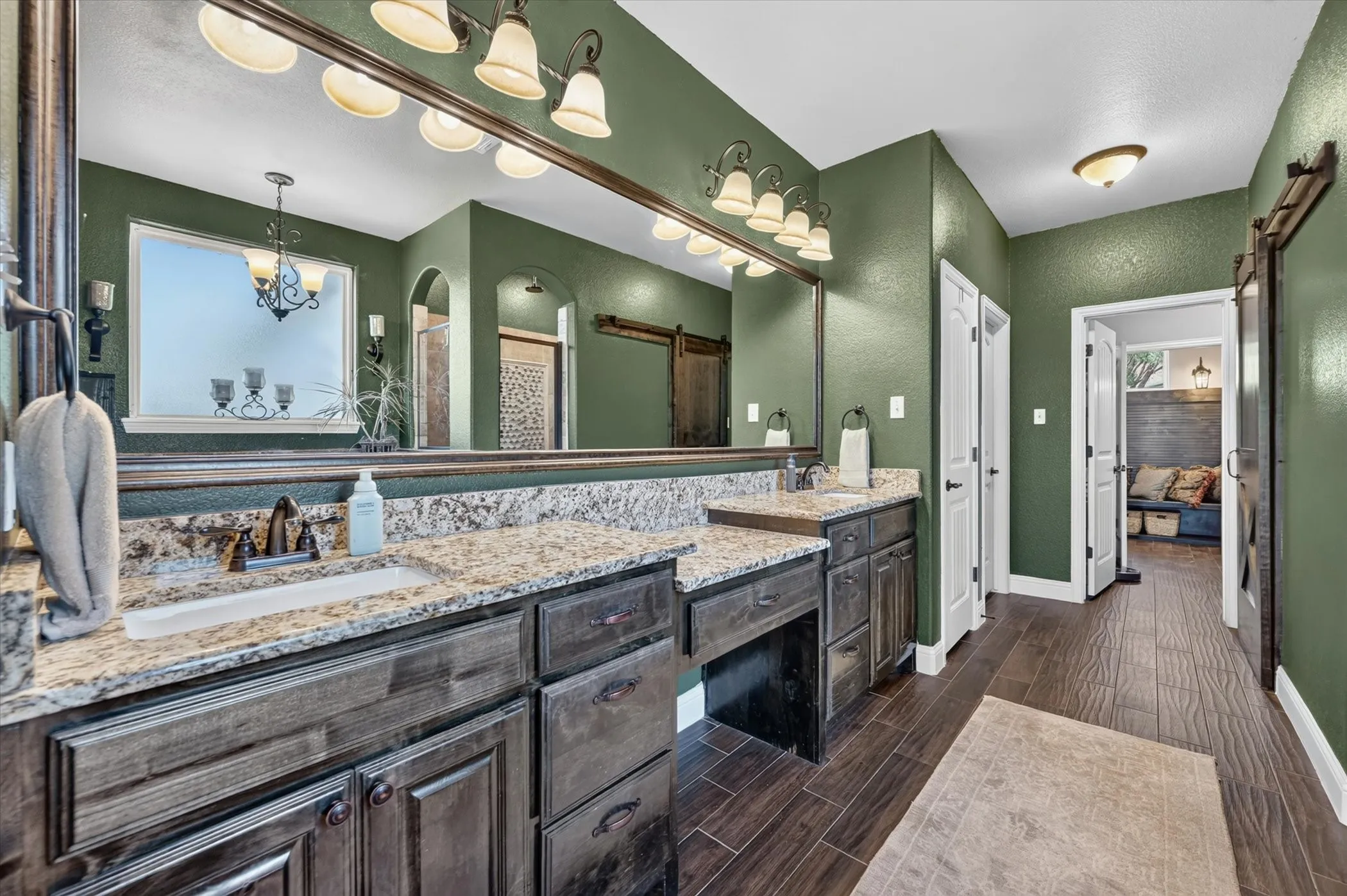 Dual vanity with granite countertops and integrated sinks