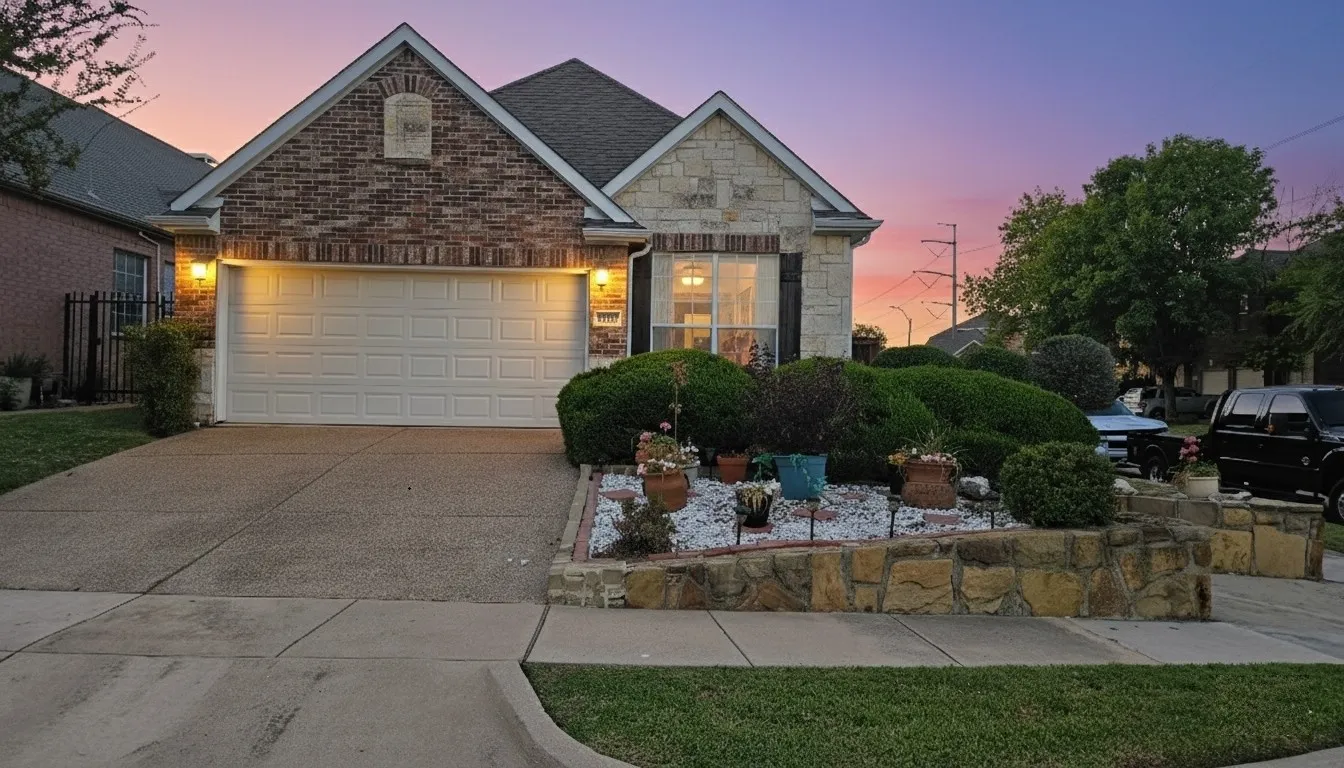 Brick and stone facade featuring a two-car garage, concrete driveway, and mature front landscaping