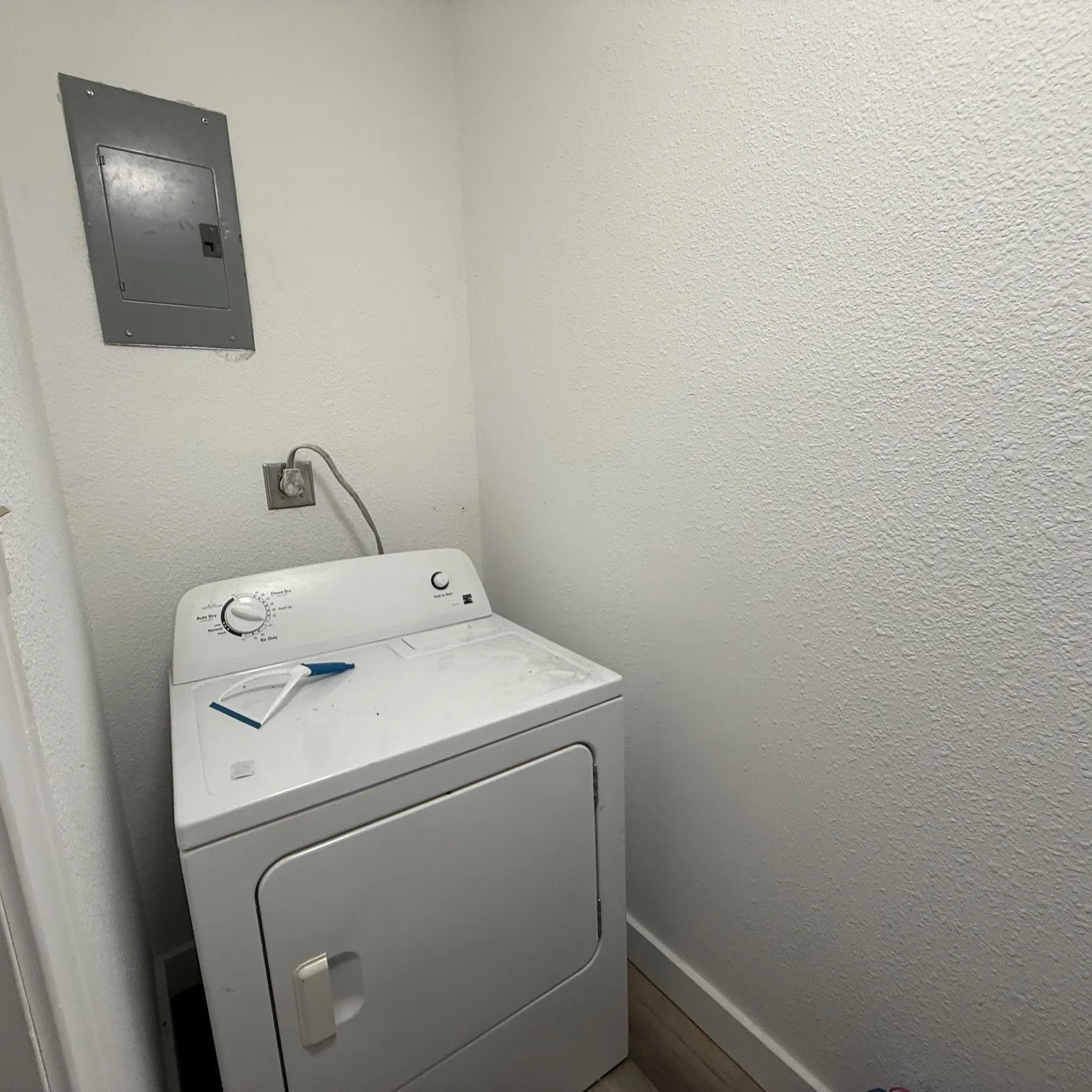 Dedicated laundry area featuring a white electric dryer and textured white walls