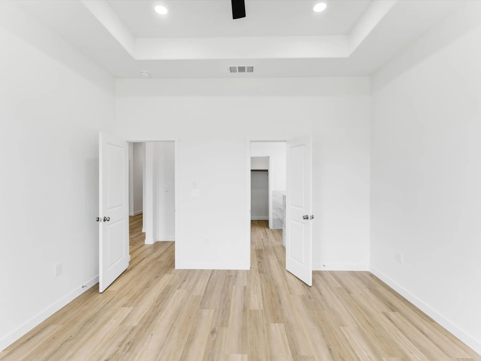 Tray ceiling with recessed lighting, wood-finish flooring, and white interior doors