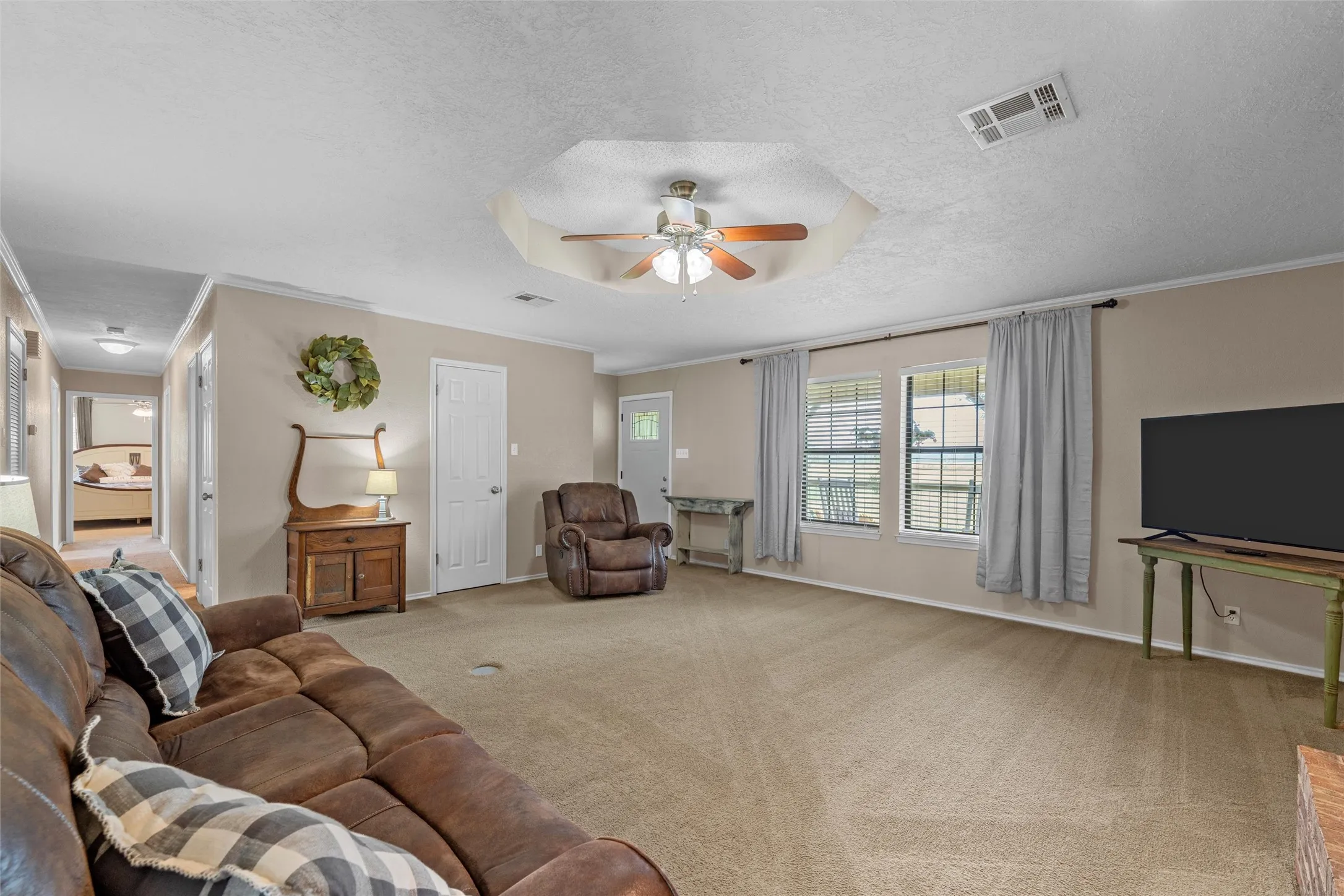 Carpeted living area featuring a tray ceiling with a ceiling fan, two windows with blinds and curtains, and a white paneled door