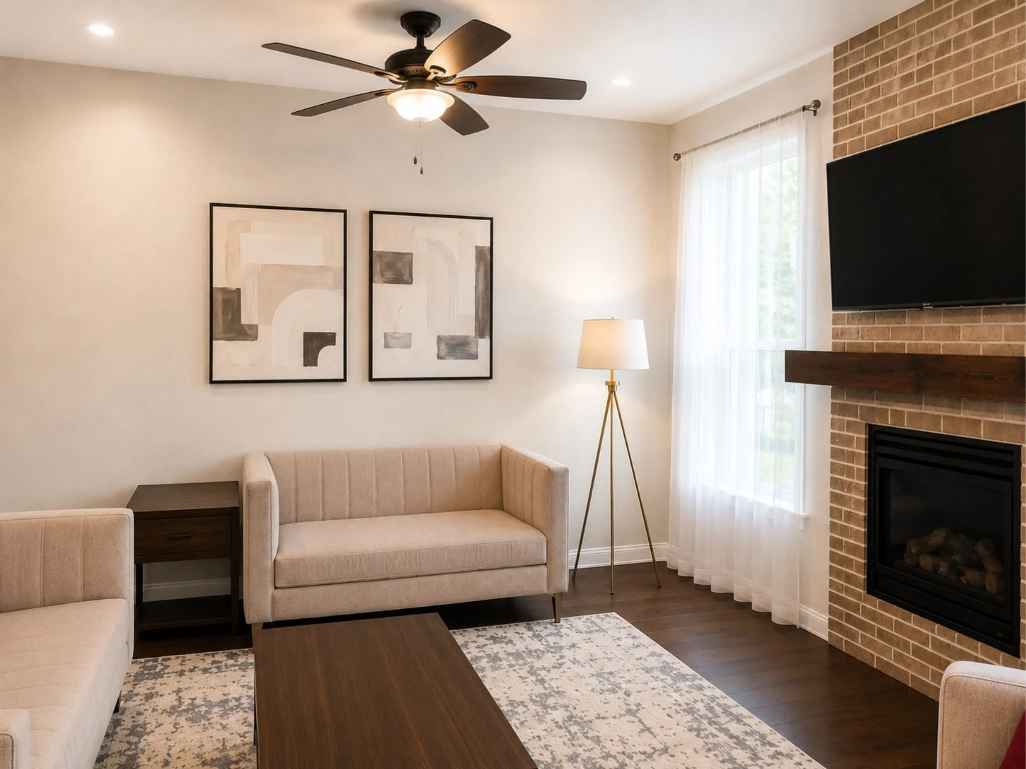 Living area featuring a brick fireplace with a wood mantle, dark wood-finish flooring, and a ceiling fan with integrated lighting