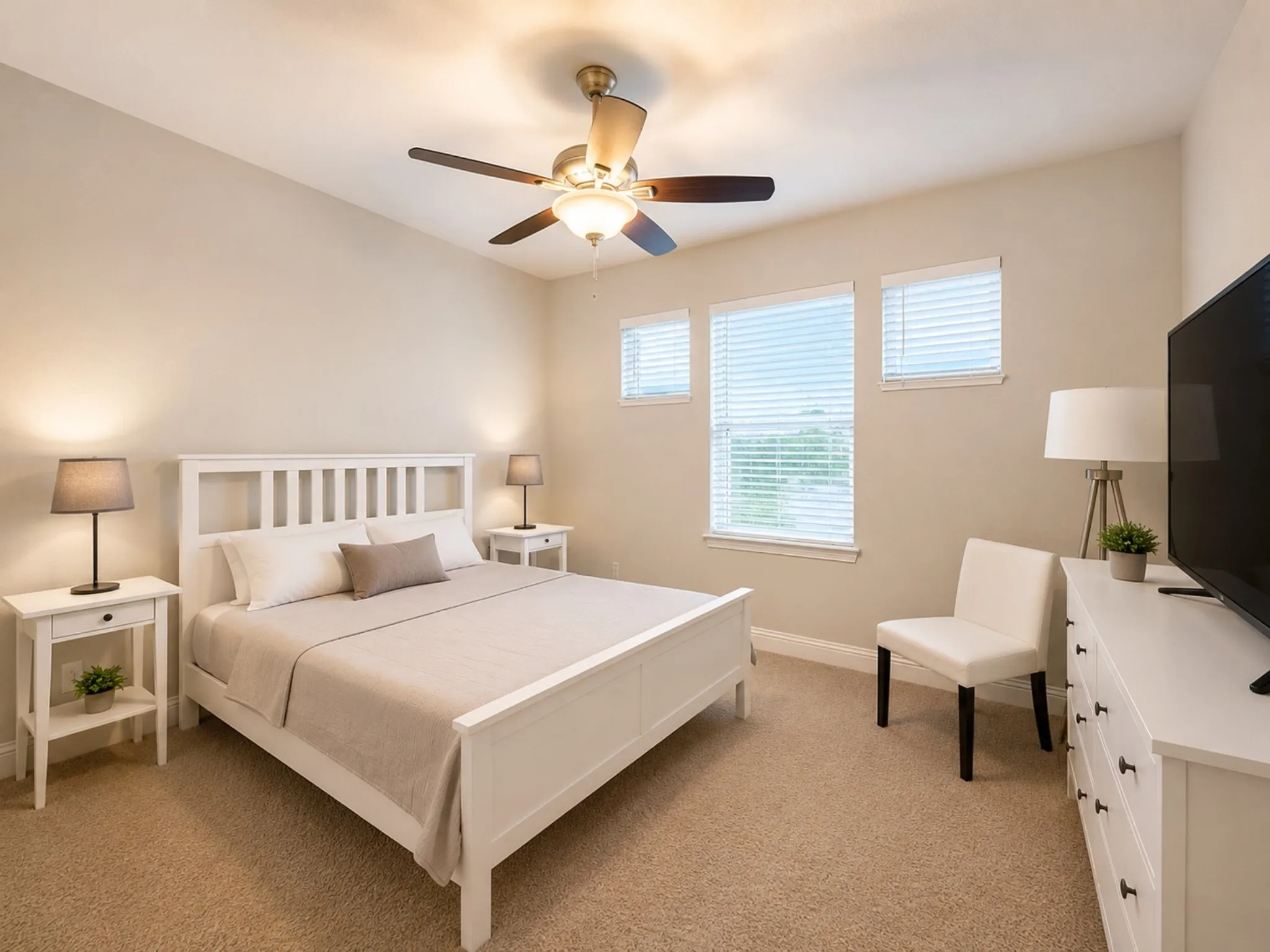 Carpeted room featuring a ceiling fan with integrated lighting, multiple windows with blinds, a built-in dresser with dark hardware, and neutral-toned wall paint