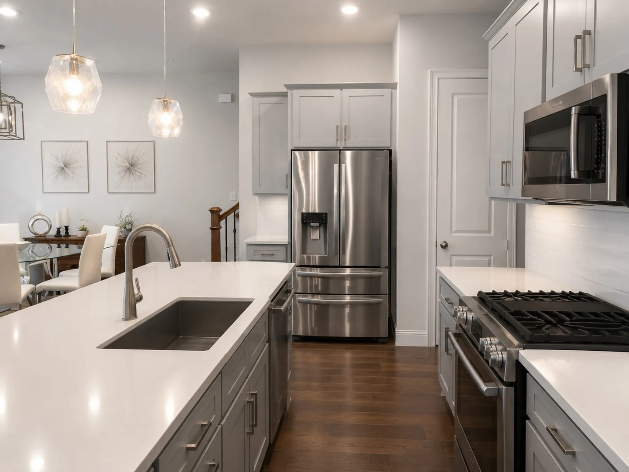 Gourmet kitchen featuring a large island with an undermount sink, stainless steel appliances, light gray cabinetry, crisp white countertops, and wood-finish flooring