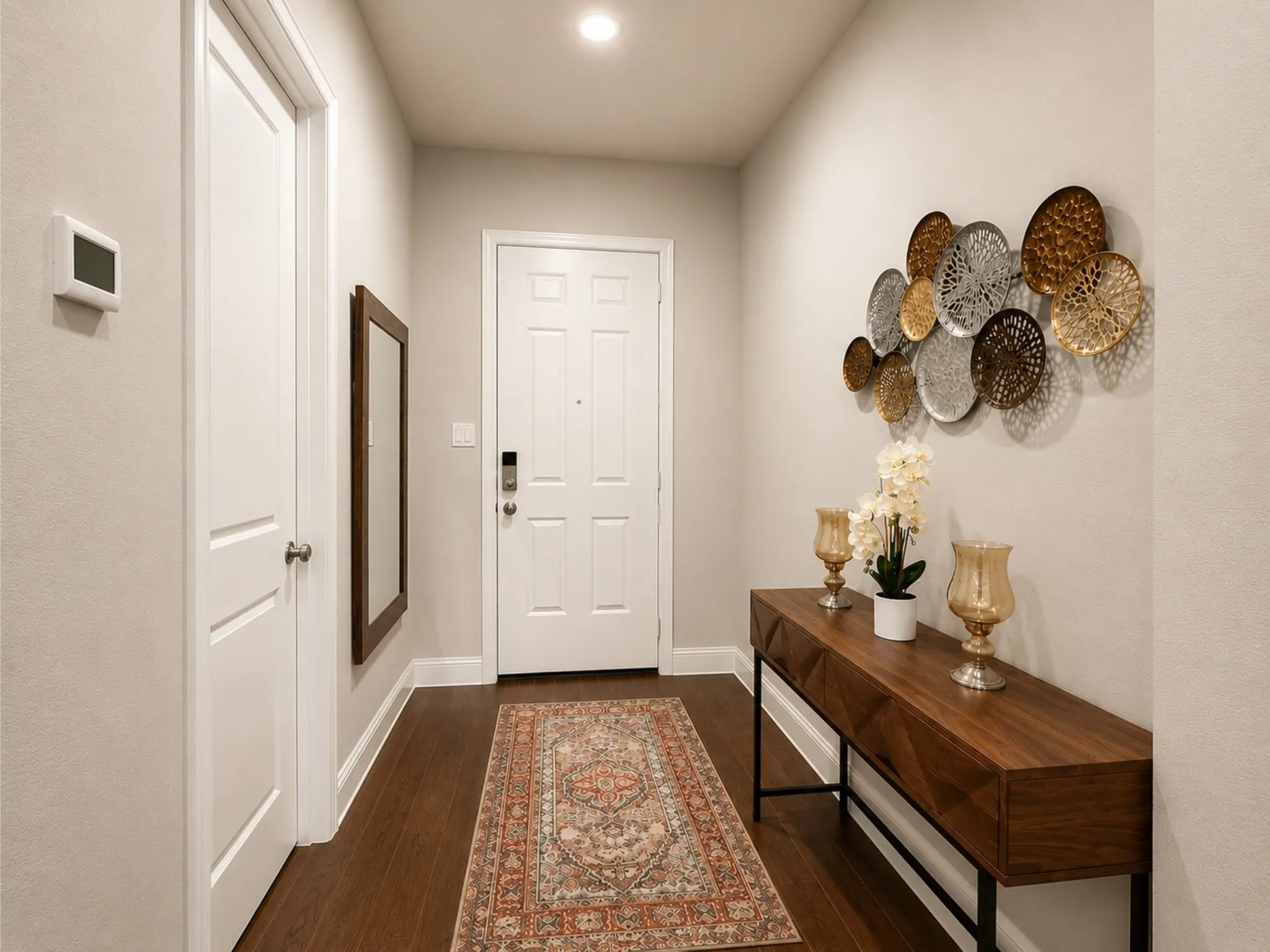 Entryway featuring wood-finish flooring, white paneled doors, and a built-in recessed ceiling light