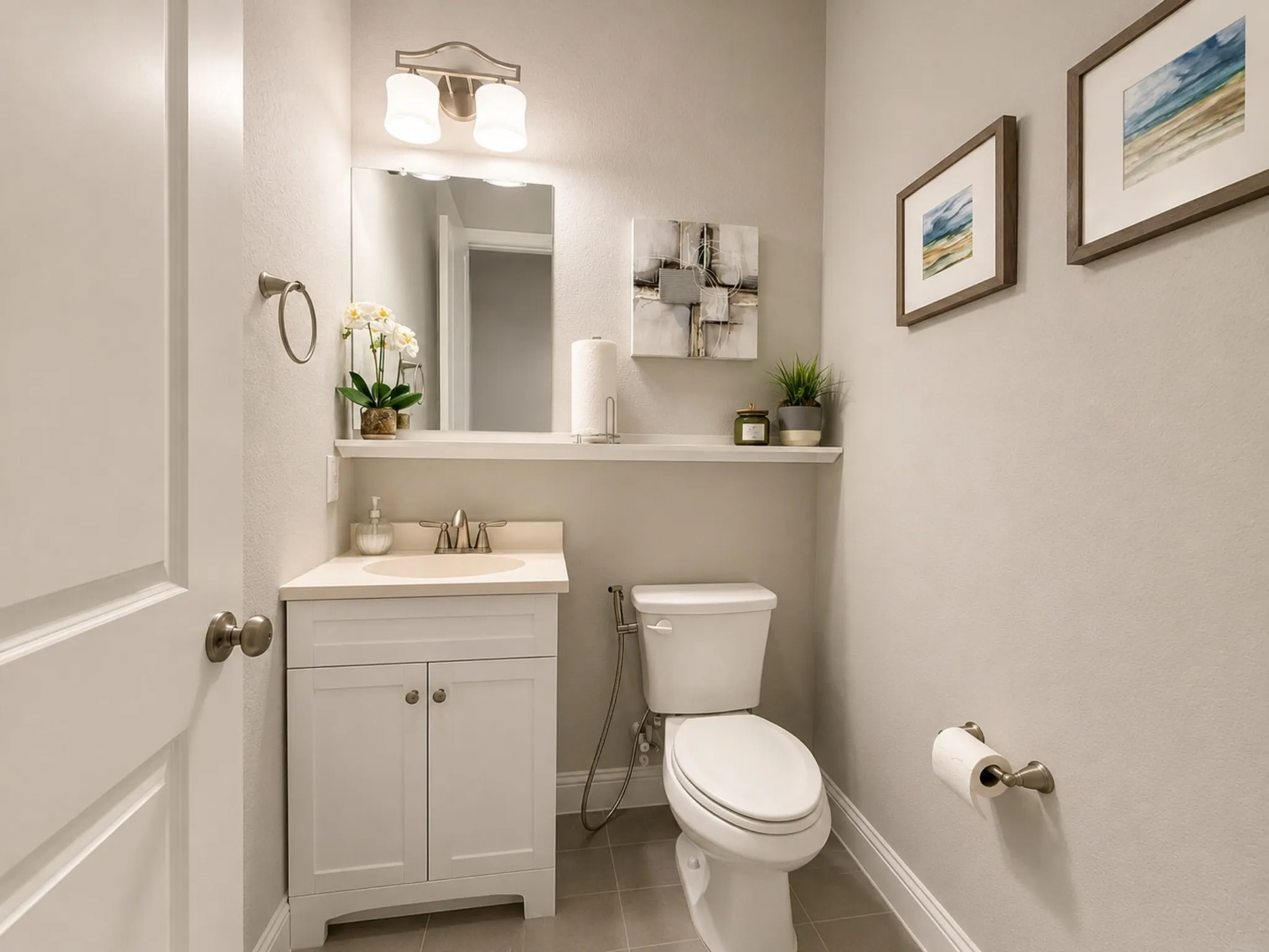 Powder room featuring a white single-sink vanity with a light-toned countertop, a wall-mounted mirror, and a two-light vanity fixture