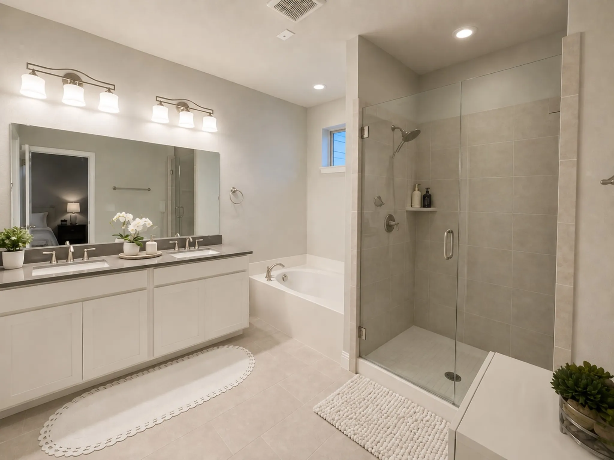 Spacious bathroom featuring a dual vanity with undermount sinks, a large mirror, and two three-light vanity fixtures