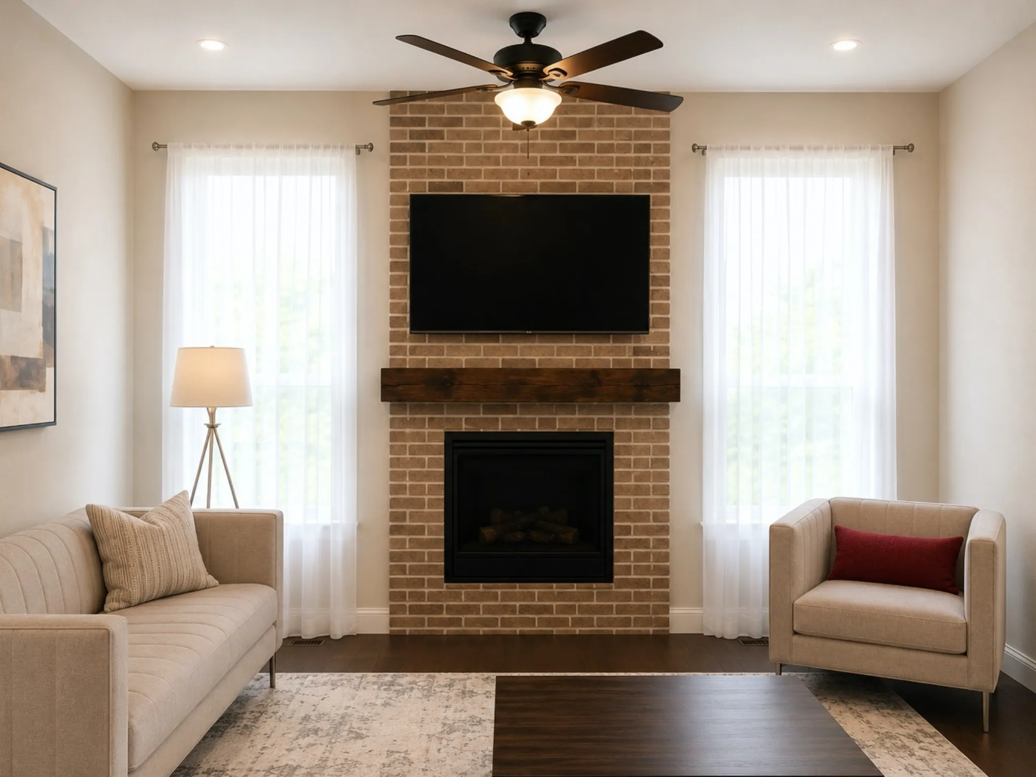 Brick-surround fireplace with a substantial wood mantel