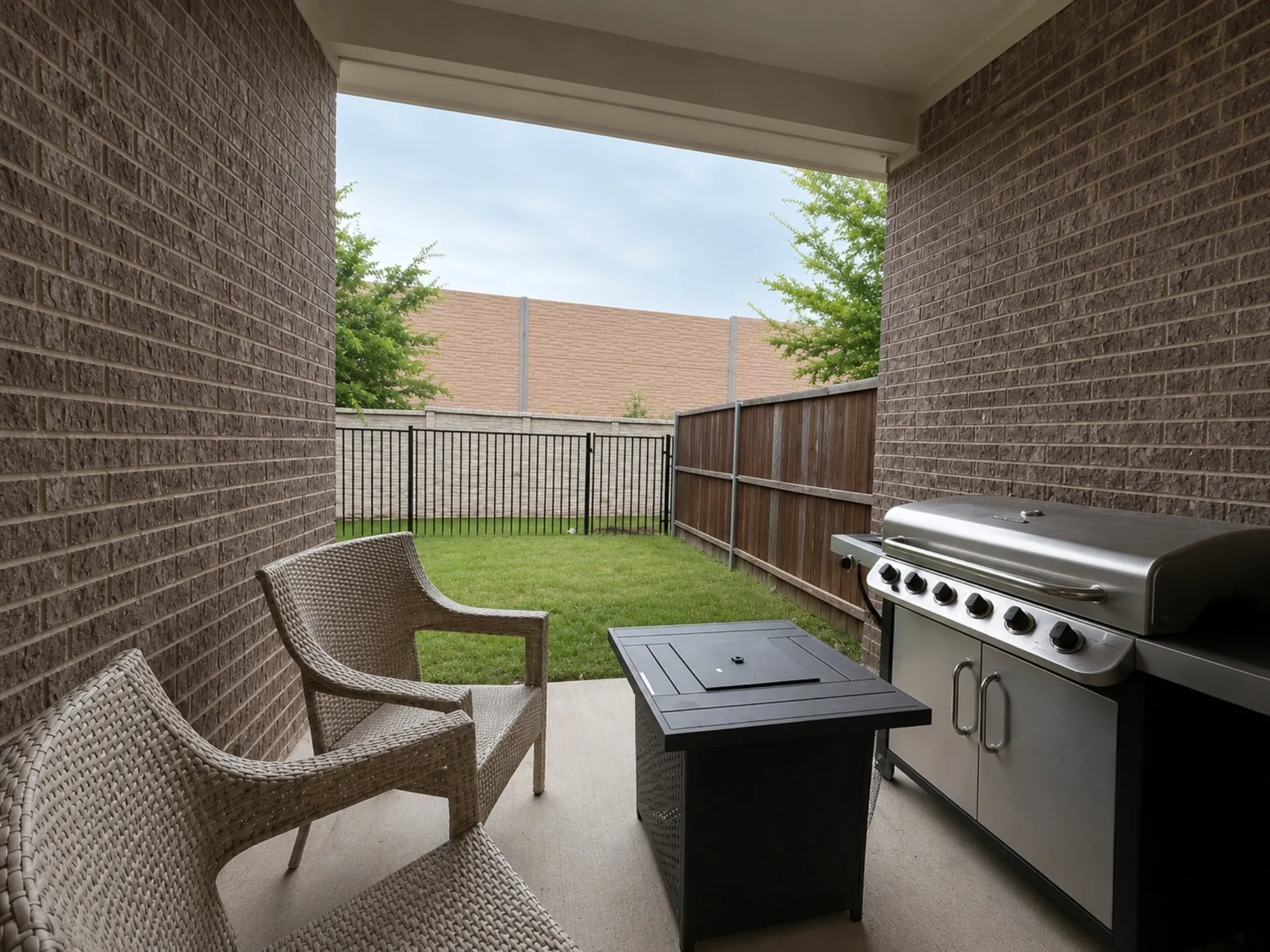 Covered patio featuring a concrete slab and brick exterior walls